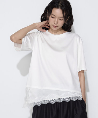 スーピマコットン 裾レースコンビネーションTシャツ
