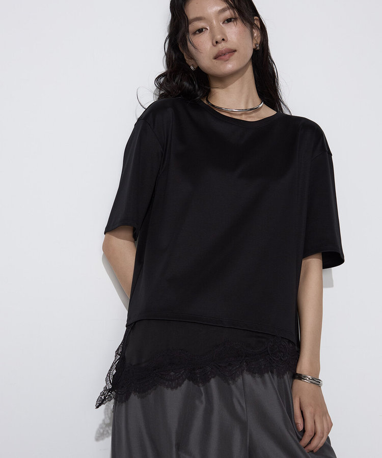 スーピマコットン 裾レースコンビネーションTシャツ