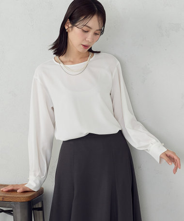 【セットアップ対応】ポリエステルツイル パールボタンブラウス