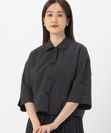 セットアップ対応】麻調ポリエステル スリットスリーブ シャツ（12 