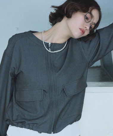 デニムライク ノーカラーブルゾン/セットアップ対応