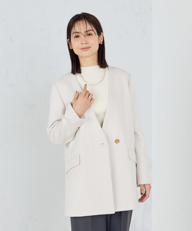 ウール混　ビーバー　ノーカラーコート