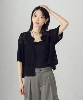 BLESS N° 25 ブラックニット 半袖　短丈 ウォッシャブル】透かし柄半袖ニットシャツ（12-57KK11-205