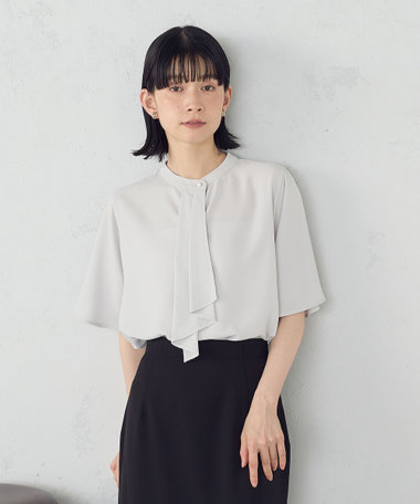 ボウタイ風 半袖ブラウス