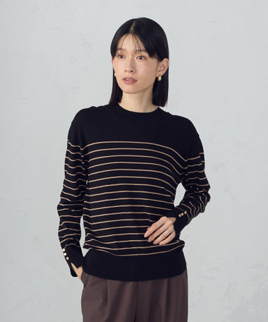 【ウォッシャブル】ベーシック　ボーダー袖ボタンニット