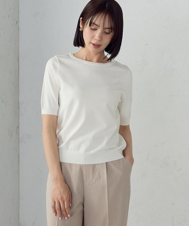 【ウォッシャブル・UVカット】ベーシック 2WAYネック5分袖ニット