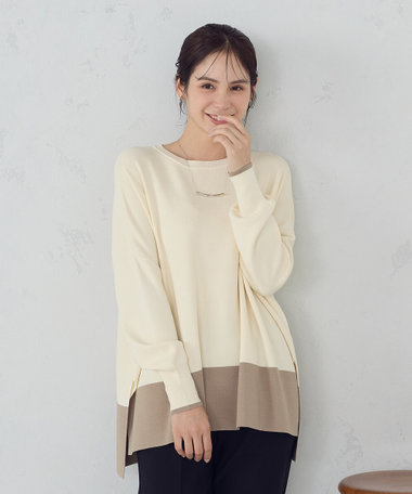 バイカラー クルーネックポンチョニット