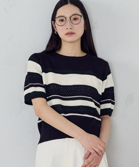 マルチボーダー 地柄五分袖ニット