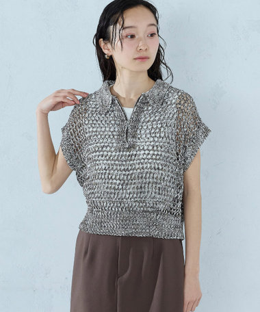 ミックスカラーメッシュ 襟付きジップニット