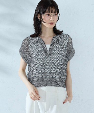 ミックスカラーメッシュ 襟付きジップニット