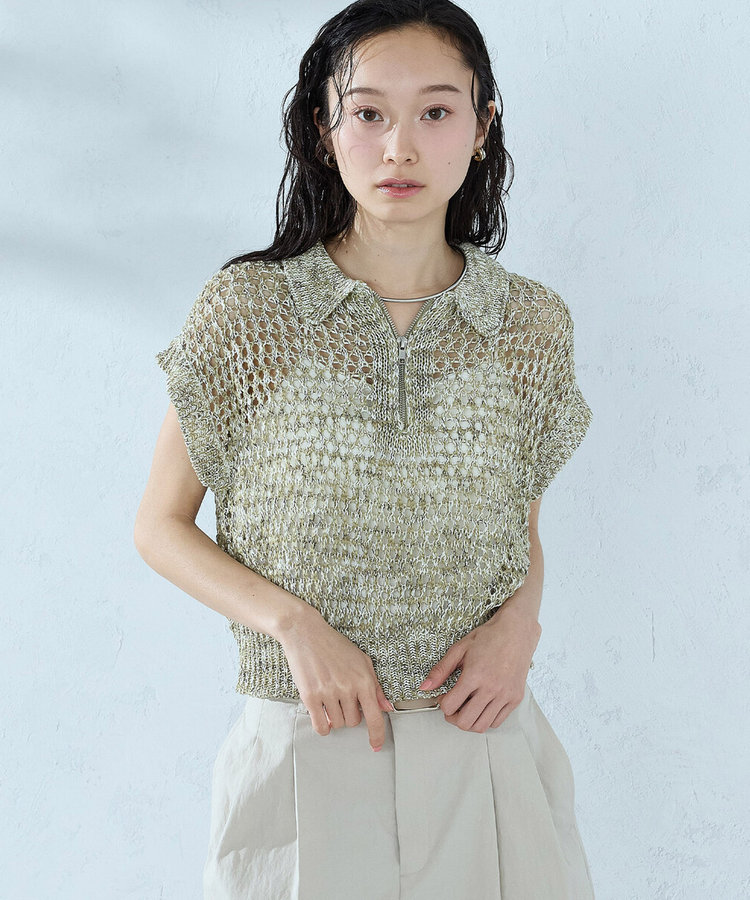 ミックスカラーメッシュ 襟付きジップニット