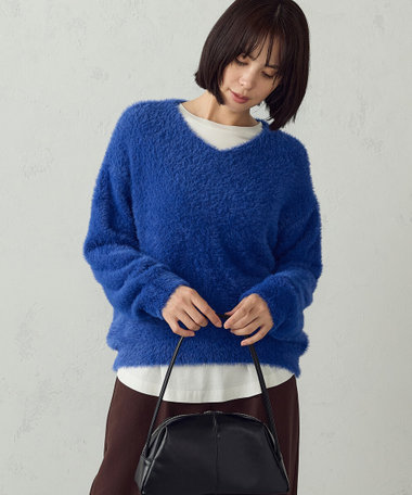 マシンウォッシャブル シャギー V ネックニット