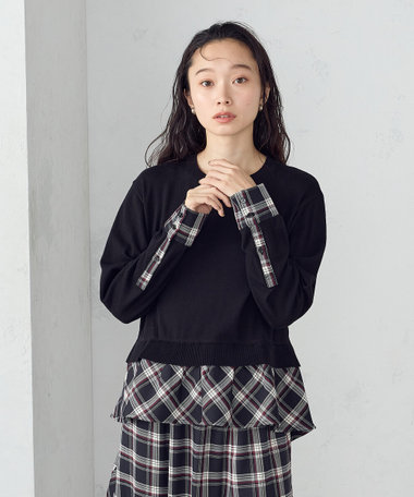 【セットアップ対応】ニットとタータンチェックのコンビネーションプルオーバー