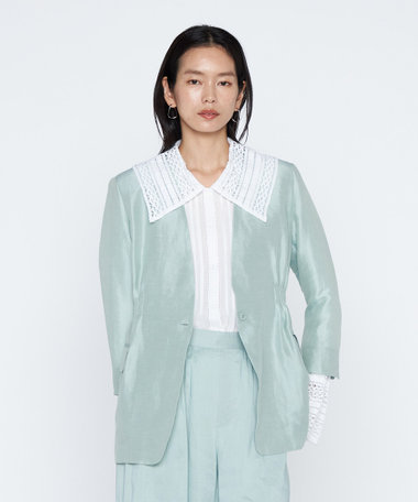 《セットアップ対応》リネン×シルクツイル ノーカラー タックジャケット
