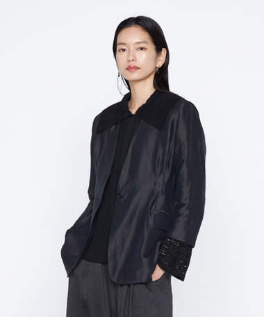 《セットアップ対応》リネン×シルクツイル ノーカラー タックジャケット