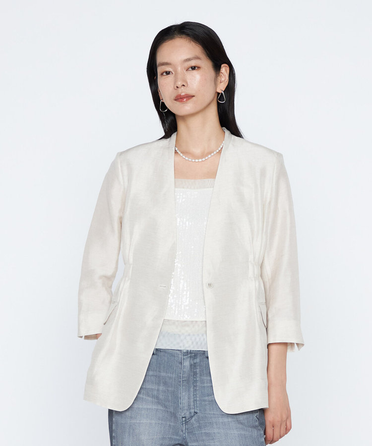 《セットアップ対応》リネン×シルクツイル ノーカラー タックジャケット