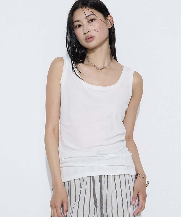 ★美品★FOXEY/フォクシータンクトップ 小顔タンク ストレッチリブ38 前後2WAY】強撚コットン斜行天竺 タンクトップ（21-06EO09-206