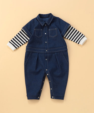 デニムライクストレッチ つなぎ風フェイクレイヤード ツーウェイオール