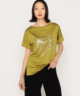 【未使用美品】スムース ナイアガラスパンコール刺繍 Tシャツグリーン9号 セール】 Ariolityスムース ナイアガラスパンコール刺繍Tシャツ