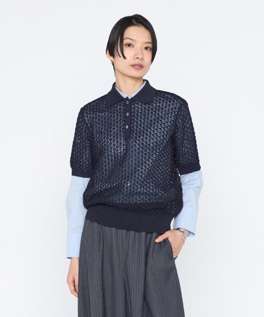 〔 +サイズ 〕 透かし編みポロニット プルオーバー