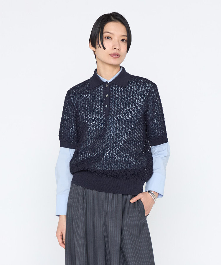 〔 +サイズ 〕 透かし編みポロニット プルオーバー