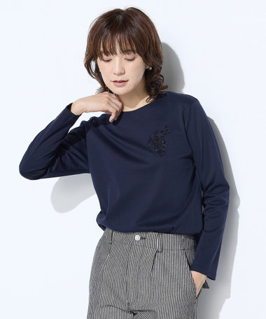 〔 TALLサイズ 〕 スーピマバイオシルスムース ビジュー刺繍Tシャツ