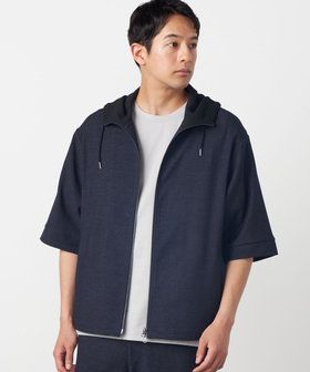 デニムライクストレッチ 5分袖フーデッドブルゾン