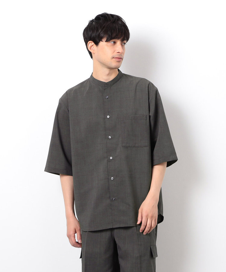 【セットアップ対応】リネンライク ポリエステル バンドカラー ５分袖シャツ