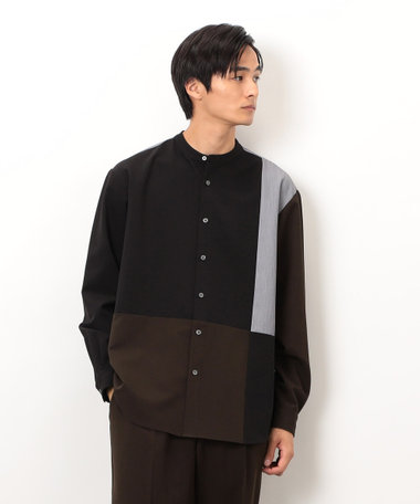 ウールライク バンドカラーブロッキング 長袖シャツ