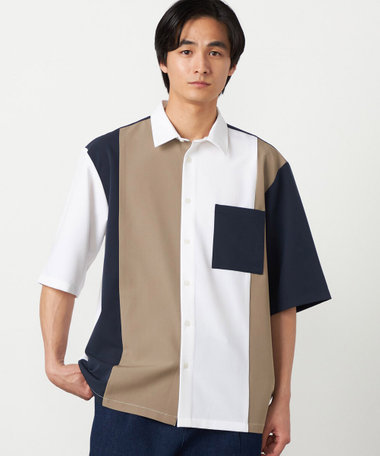 ウールライク ショートポイントカラー ブロッキング 5分袖シャツ