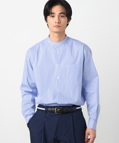 綿 ナイロン ストレッチ ストライプ バンドカラーシャツ