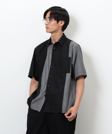 タイプライター×ストライプ コンビ半袖シャツ