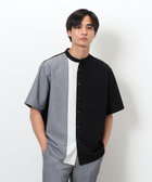 ウールライク バンドカラーブロッキング半袖シャツ