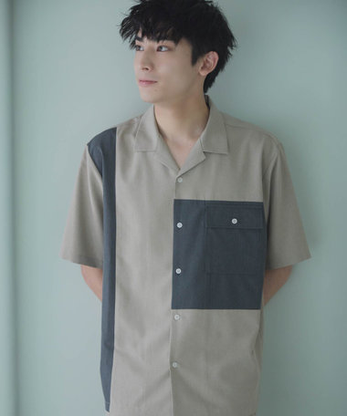 ライトウエイトポリエステル ブロッキング オープンカラーシャツ