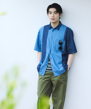 6オンスコットンデニム ショートポイントカラー 切り替え半袖シャツ