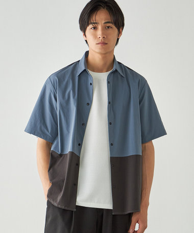 リップストップ ナイロンストレッチ 半袖ブロッキングシャツ / セットアップ対応