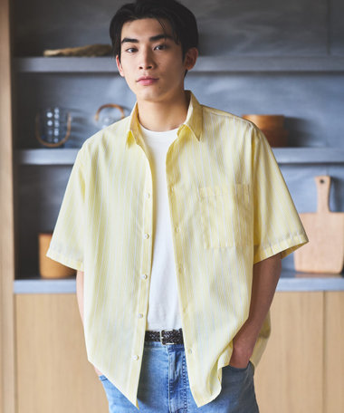 ポリエステルレーヨン シアーカラーストライプ ショートポイントカラー 半袖シャツ
