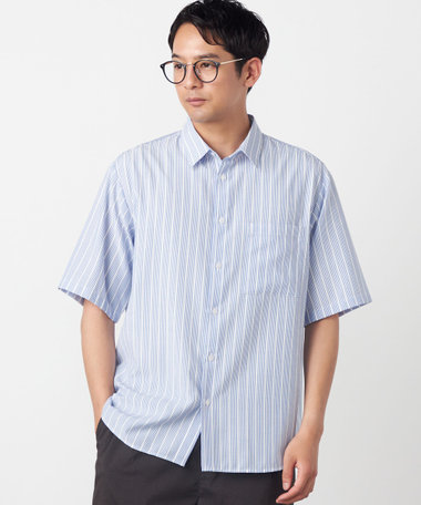 ポリエステルレーヨン シアーカラーストライプ ショートポイントカラー 半袖シャツ