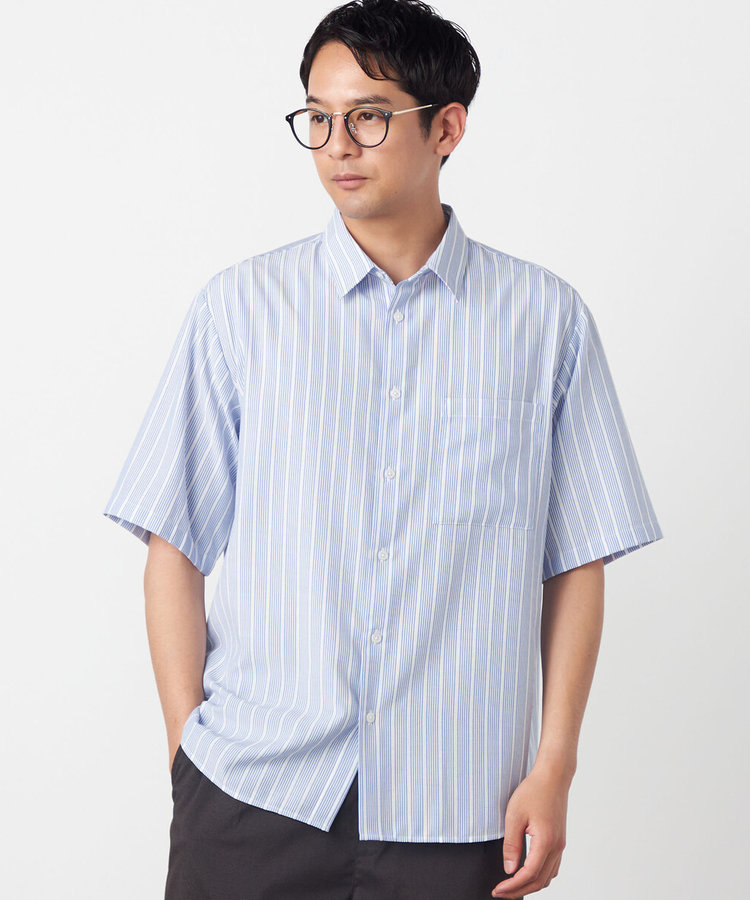 ポリエステルレーヨン シアーカラーストライプ ショートポイントカラー 半袖シャツ