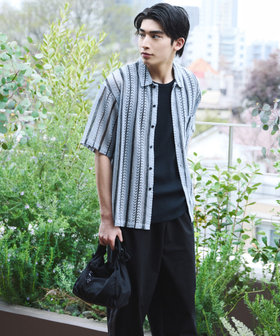 クロシェ編み風 ストライプ柄レース ショートポイントカラーシャツ