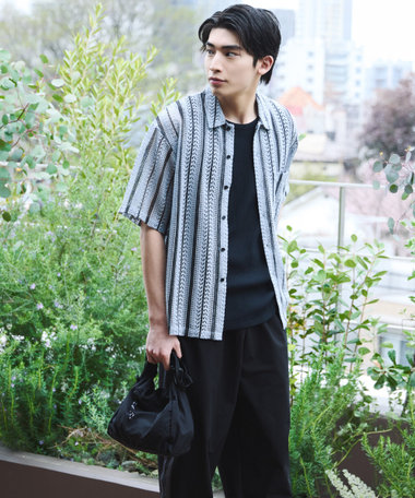 クロシェ編み風 ストライプ柄レース ショートポイントカラーシャツ