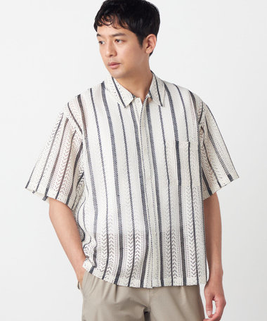 クロシェ編み風 ストライプ柄レース ショートポイントカラーシャツ