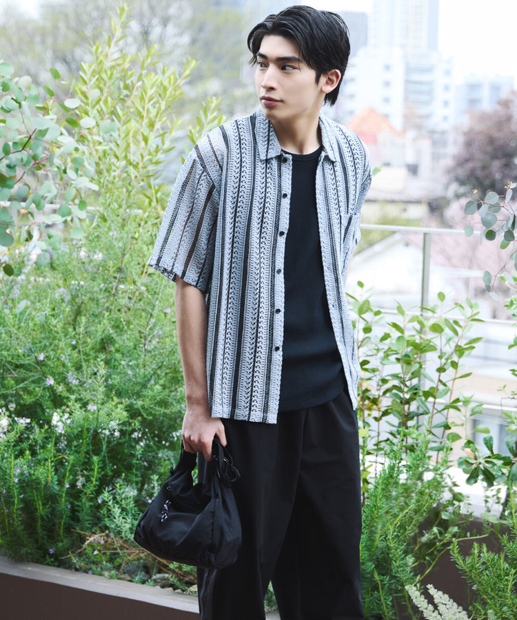 クロシェ編み風 ストライプ柄レース ショートポイントカラーシャツ