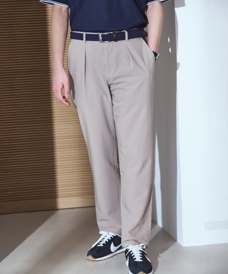 【セットアップ対応・ウォッシャブル】ポリエステル シアサッカー テーパードパンツ