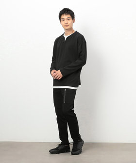 タテ畝ストレッチポンチ フェイクレイヤード キーネックTシャツ（長袖