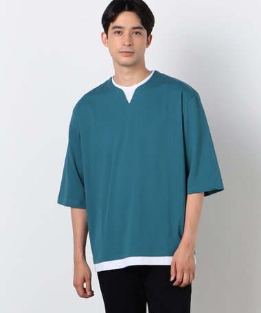 七分袖 フェイクレイヤード キーネックＴシャツ