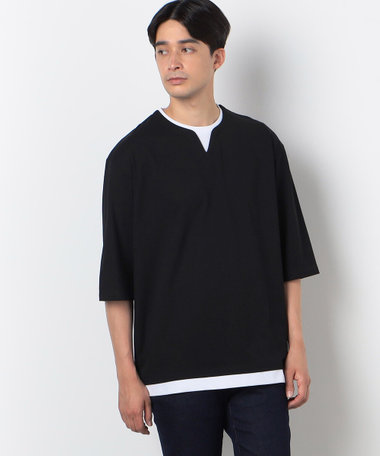 七分袖 フェイクレイヤード キーネックＴシャツ