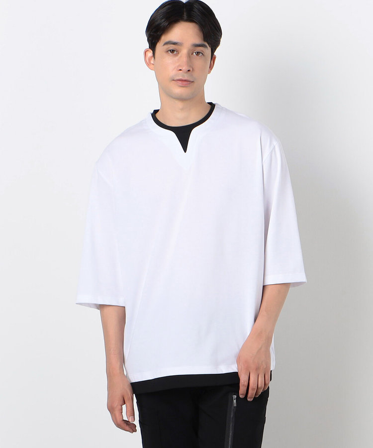7分袖 フェイクレイヤード キーネックTシャツ（47-60TI12-204