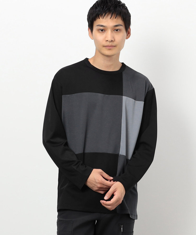 カラーブロック パッチワーク クルーネックTシャツ（長袖）（47