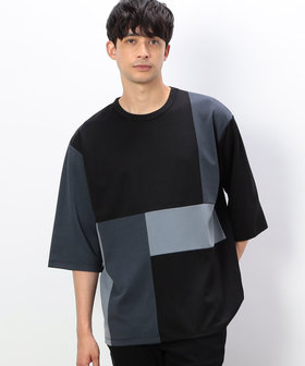 七分袖 カラーブロック パッチワークTシャツ（47-60TI24-204